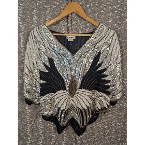 Vintage Sho Max 100% Silk Sequin/ Beaded Butterfly‎ Top Women's Small
